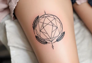 Geometric Circle with Feather Accents – A minimalist geometric circle with subtle feather designs, symbolizing freedom, flow, and feminine grace. tattoo idea