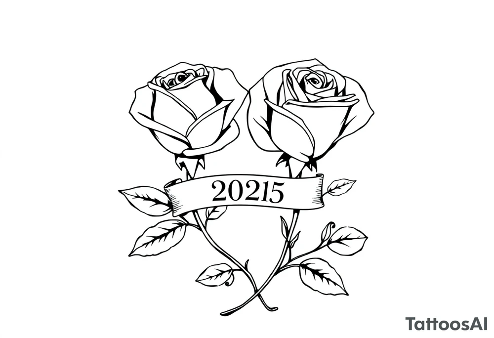 two beautiful large rose buds, one larger than the other, with many leaves next to the rose buds, with one sitting higher than the other. Include a banner connecting the two roses with the year "2025" on it.   Use dark outlines with little shading. The two stems should be short, not long, and connect and join into one stem, whimsically curved or twisted - not straight down. tattoo idea