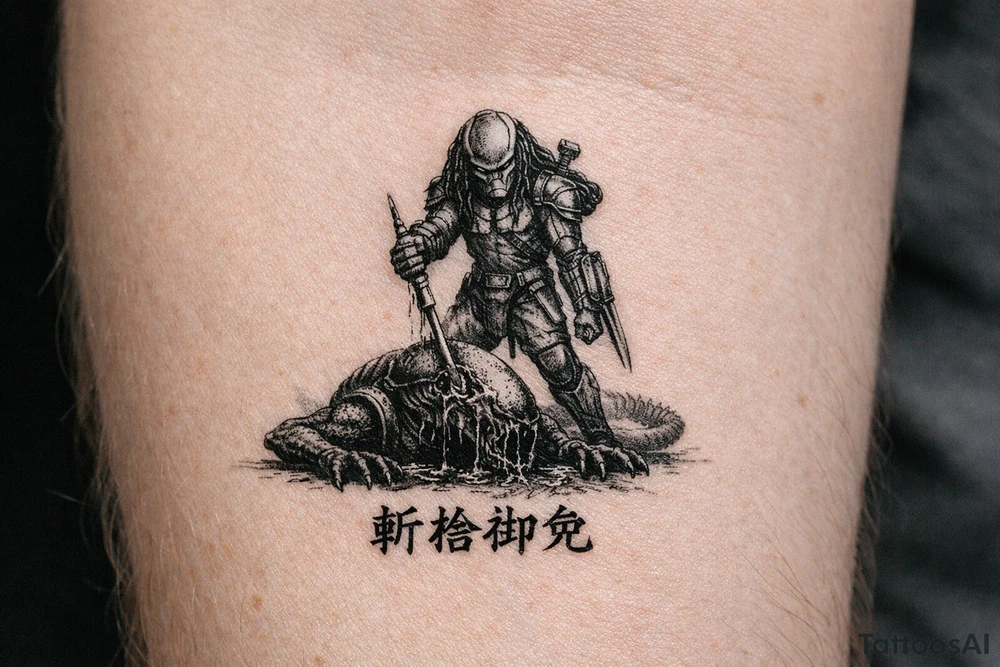 predator killing alien, alien is crawling from the ground. Predator stands up tall, driving his spear with his right hand through the xenomorphs big head with acid coming down, the spear nails the head to the ground. The predator's left shoulder has its laser gun pointed down. the Left forerarm has its famous doubled blade out. Below the image the japanese inscription for kirisute gomen tattoo idea