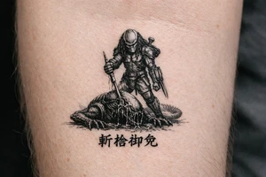 predator killing alien, alien is crawling from the ground. Predator stands up tall, driving his spear with his right hand through the xenomorphs big head with acid coming down, the spear nails the head to the ground. The predator's left shoulder has its laser gun pointed down. the Left forerarm has its famous doubled blade out. Below the image the japanese inscription for kirisute gomen tattoo idea