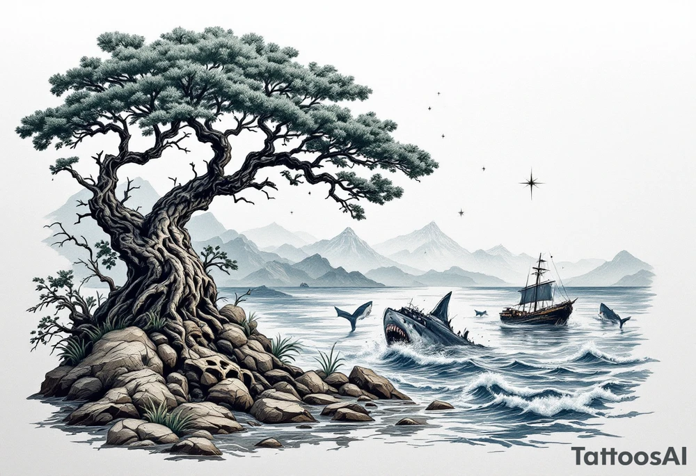 tattoo that has an acacia tree with mountains, ocean with a ship wreck with sharks and the northern star tattoo idea