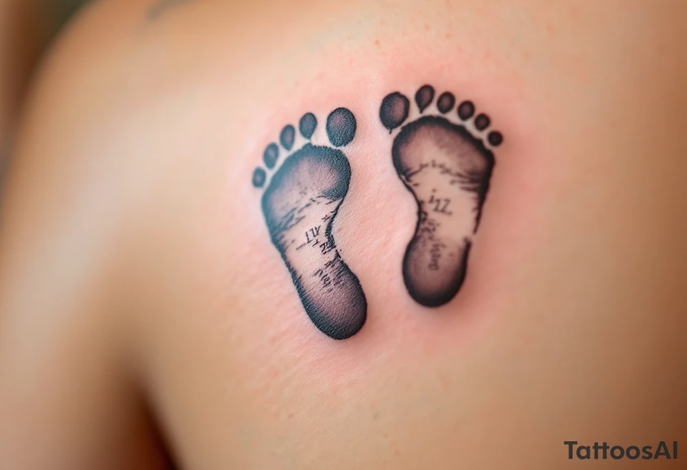 Baby footprints in black ink with the child’s birth date in soft blue or pink beneath commemorate a mother’s most treasured moment. tattoo idea