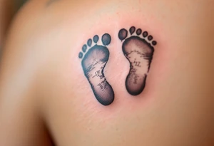 Baby footprints in black ink with the child’s birth date in soft blue or pink beneath commemorate a mother’s most treasured moment. tattoo idea
