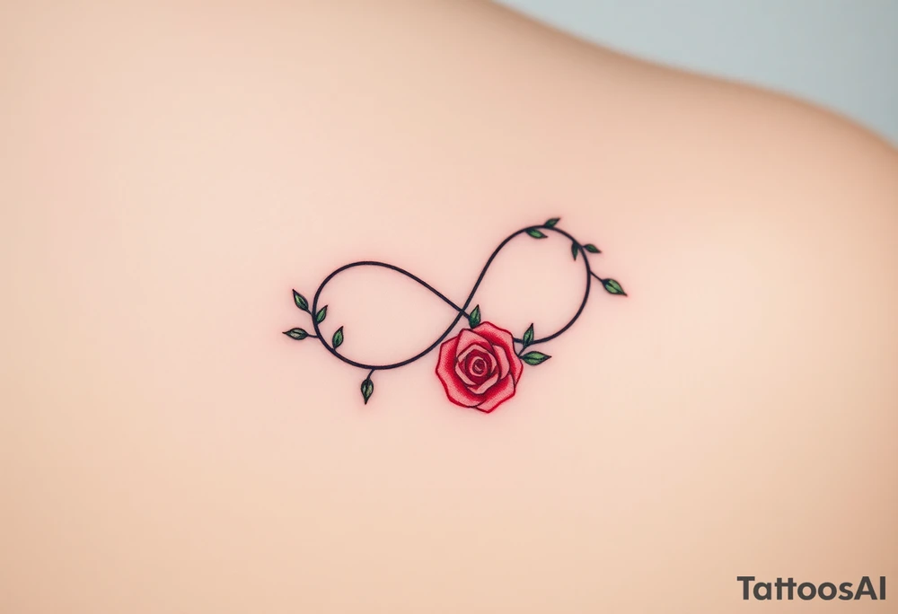 Full infinity symbol made out of vine banches with delicate roses, in soft red and green hues tattoo idea