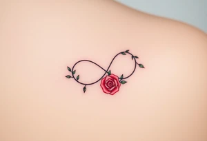 Full infinity symbol made out of vine banches with delicate roses, in soft red and green hues tattoo idea