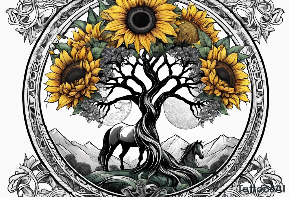 Yggdrasil tree, horse, sunflower tattoo idea