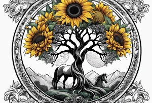 Yggdrasil tree, horse, sunflower tattoo idea