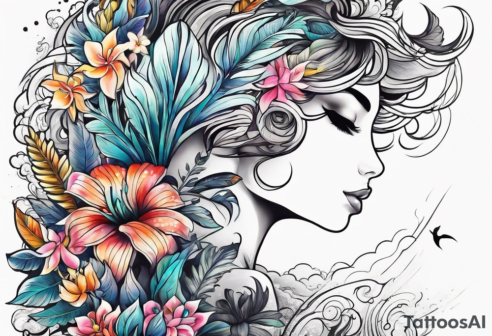 sea,, night, flower, palm, animal tattoo idea