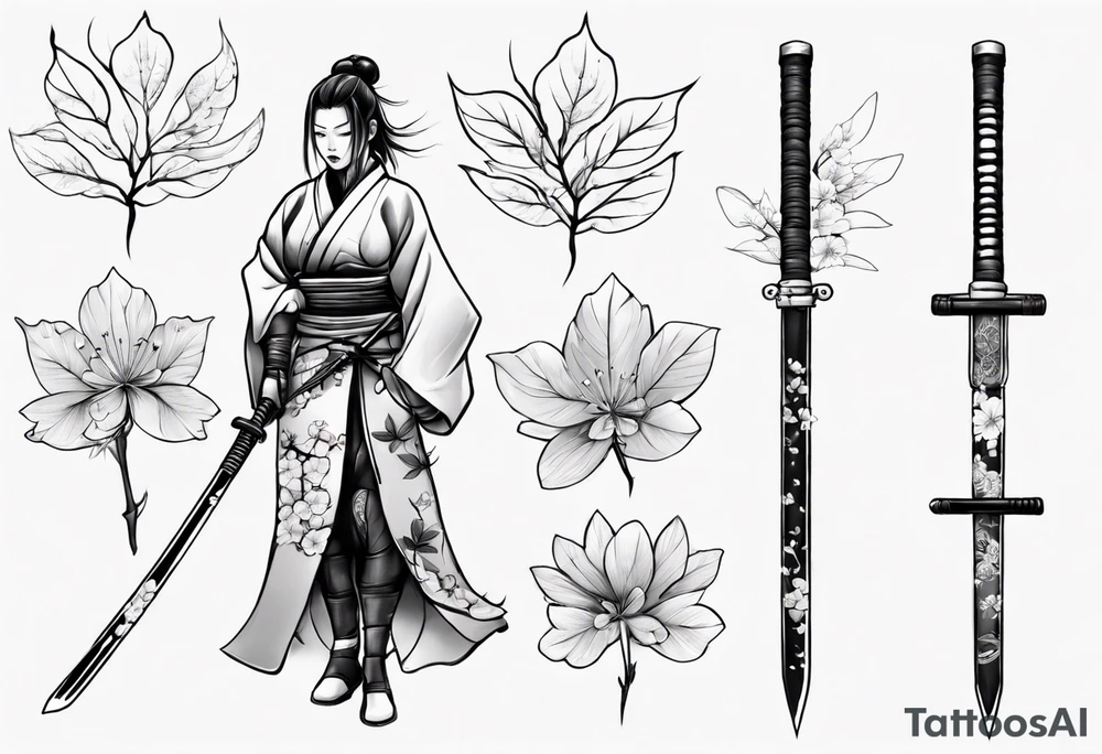 female samurai sword armor sakura leaves tattoo idea