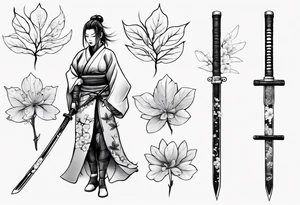 female samurai sword armor sakura leaves tattoo idea