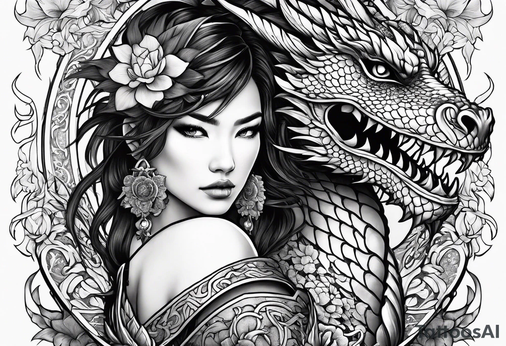 beautiful warrior woman wearing dragon armor and a floral background and a dragon tattoo idea