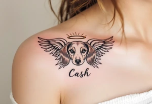 Dachshund ears between wings with a halo above and the name Cash tattoo idea