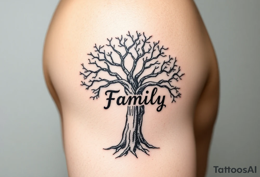 A black and gray realistic tree with engraved word family on the trunk, highlighting deep-rooted family connections tattoo idea