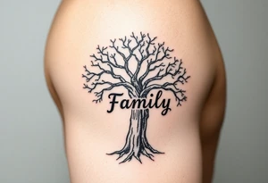 A black and gray realistic tree with engraved word family on the trunk, highlighting deep-rooted family connections tattoo idea