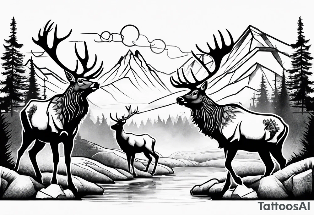 two elk fighting with mountains and stream in background tattoo idea two elk fighting with mountains and stream in background tattoo idea