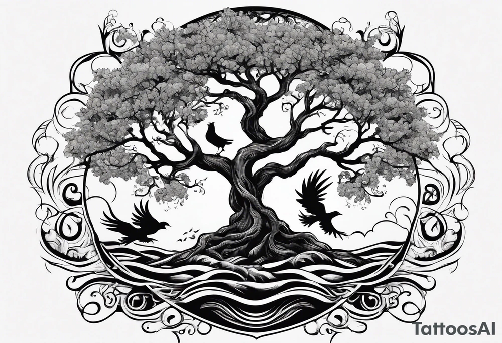 oak tree with phoenix and roots and waves and three birds tattoo idea