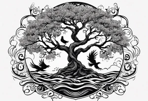oak tree with phoenix and roots and waves and three birds tattoo idea