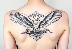 majestic eagle spreading wings against mountain peaks tattoo idea