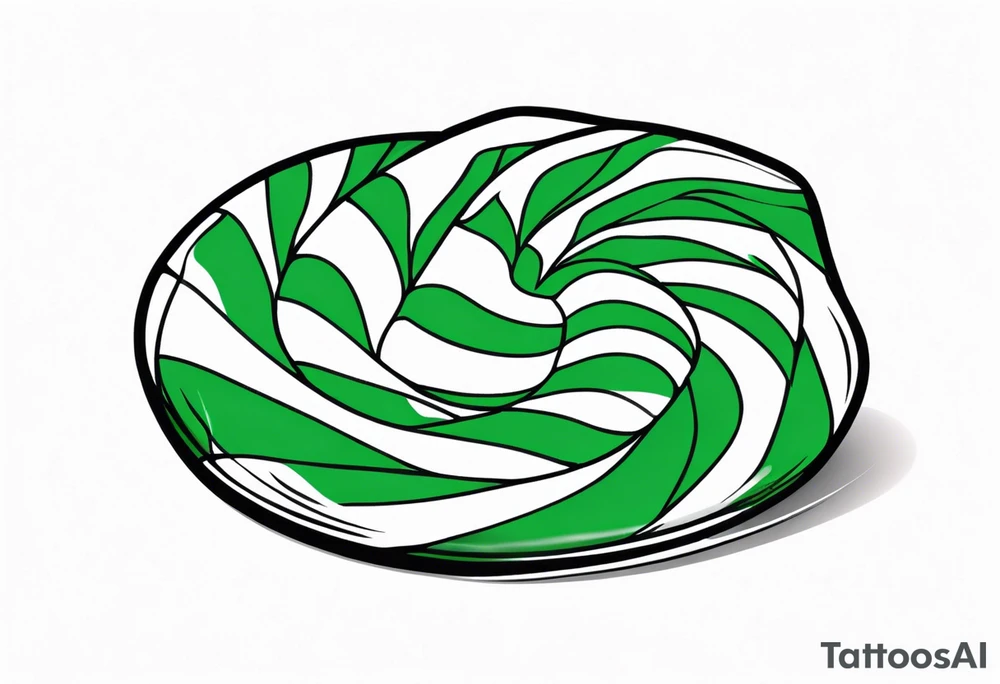 a small round candy in a twist wrapper. green and white swirl tattoo idea