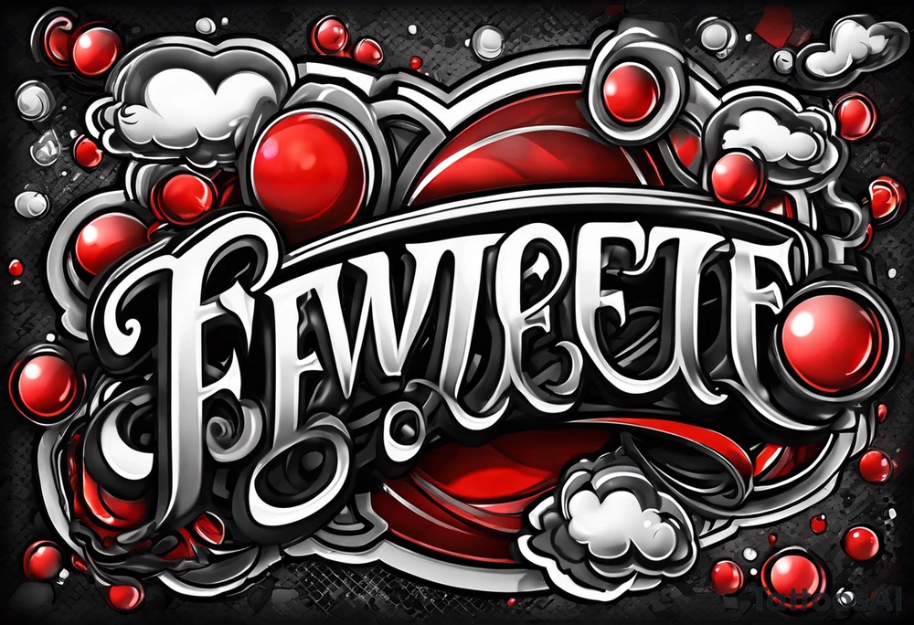 The name “EVERETT” in old school bubble graffiti with 3d effects with mostly red, black and white tattoo idea