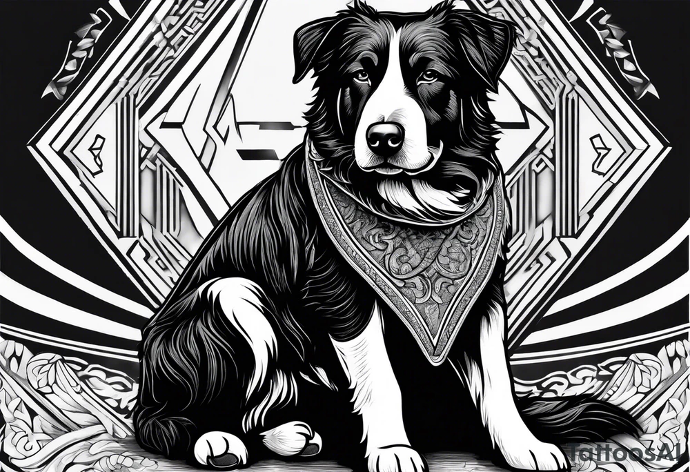 Sheepdog all black short hair with white nose one eye open one eye closed . Muay Thai symbol behind him tattoo idea
