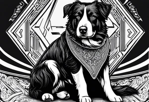 Sheepdog all black short hair with white nose one eye open one eye closed . Muay Thai symbol behind him tattoo idea