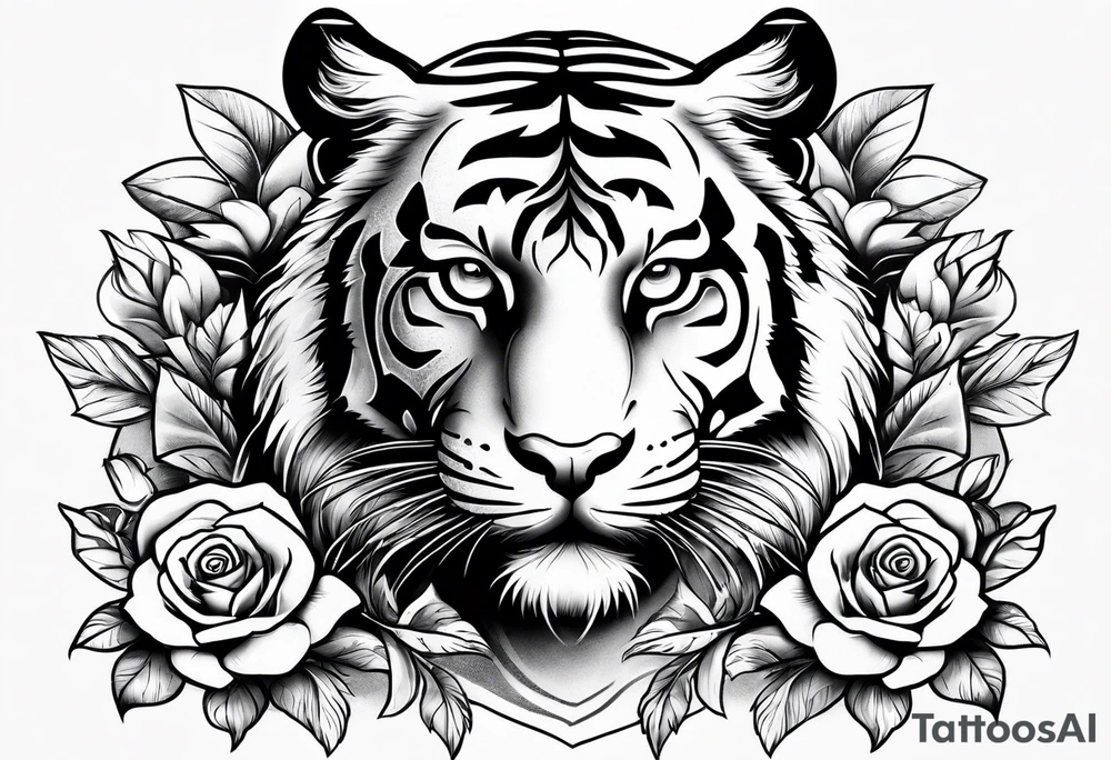 A tiger with roses around it tattoo idea