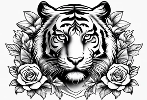 A tiger with roses around it tattoo idea
