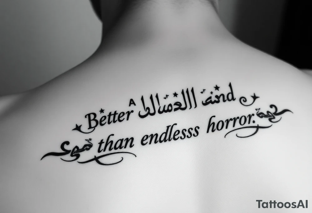 arabic style tattoo with the inscription better a terrible end than endless horror tattoo idea