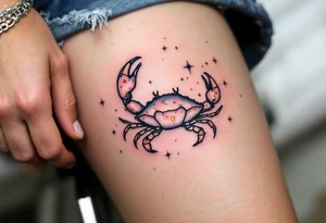 A tiny crab outlined in black anchors the Cancer star constellation traced in twinkling pastel stars. tattoo idea