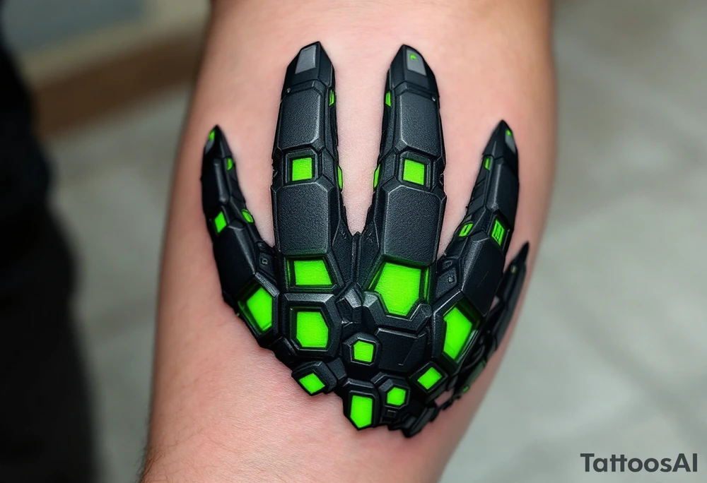A sleek exo-arm design in carbon fiber black and electric green, with overlapping panels mimicking armor across the fingers. tattoo idea