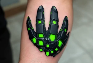 A sleek exo-arm design in carbon fiber black and electric green, with overlapping panels mimicking armor across the fingers. tattoo idea