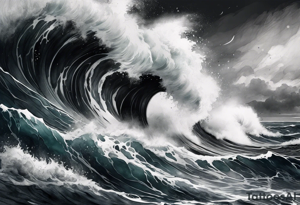 stormy sea waves, full-length woman in the middle of the storm tattoo idea
