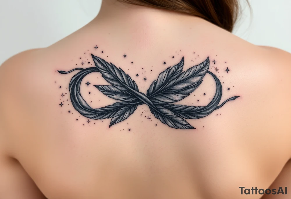 infinity symbol woven with floating feathers and stardust tattoo idea