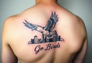 On upper bicep 
Philadelphia Eagle classic bird flying over Philadelphia city skyline with the words Go Birds under it tattoo idea