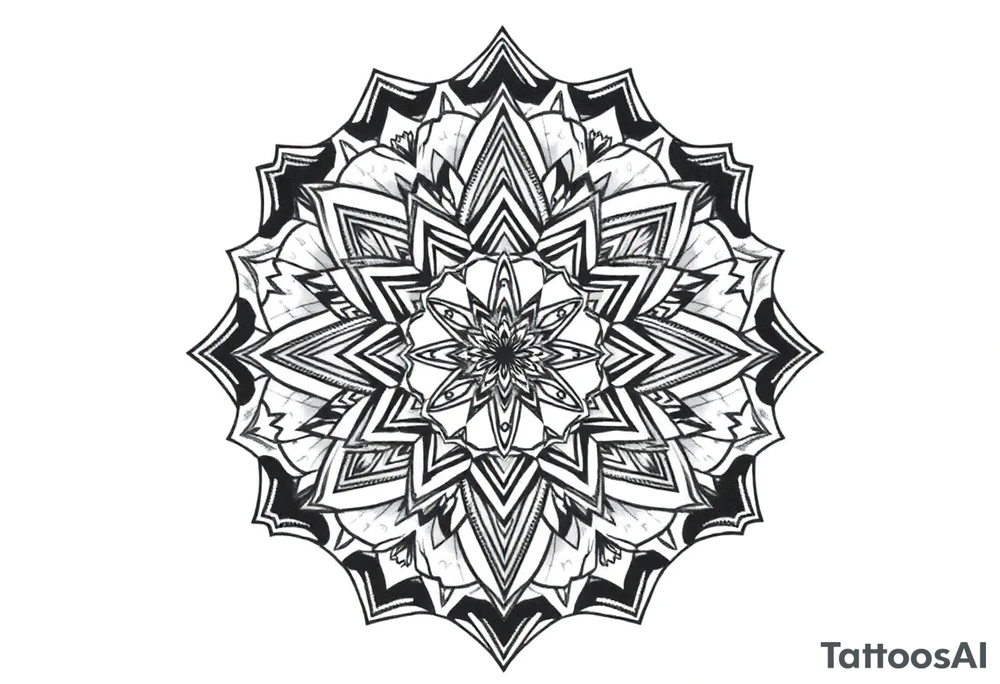 Trippy and psychedelic geometric patterns that merge in to one tattoo idea