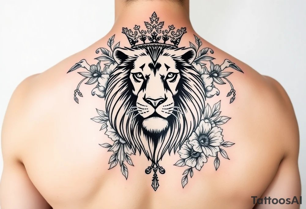 powerful majestic lion with a crown, surrounded by floral ornaments and birds tattoo idea