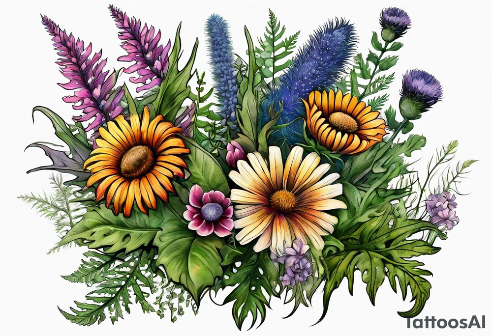 spread out mixed wildflower bouquet with ferns, thistle and with some color and show the design on a leg tattoo idea