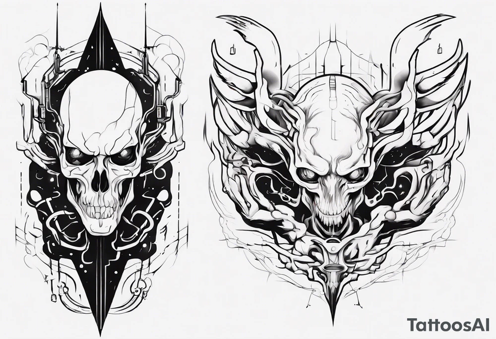 minimalist cyberpunk upper arm design from the shoulder that depicts heaven and hell with neuron projecting downwards. tattoo idea