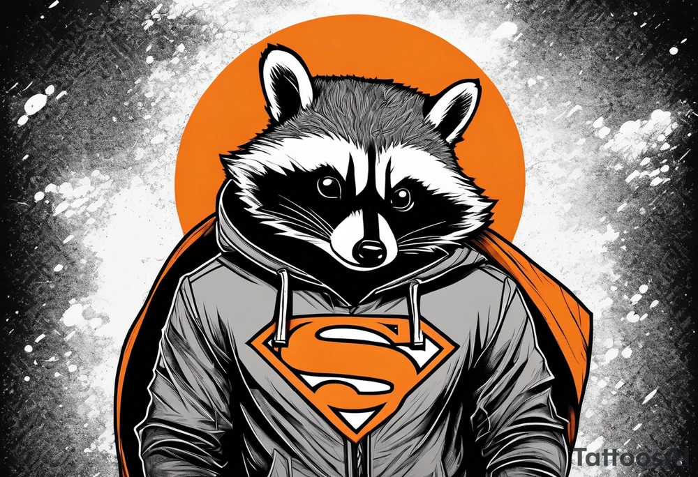 Raccoon wearing an orange Superman hoodie tattoo idea