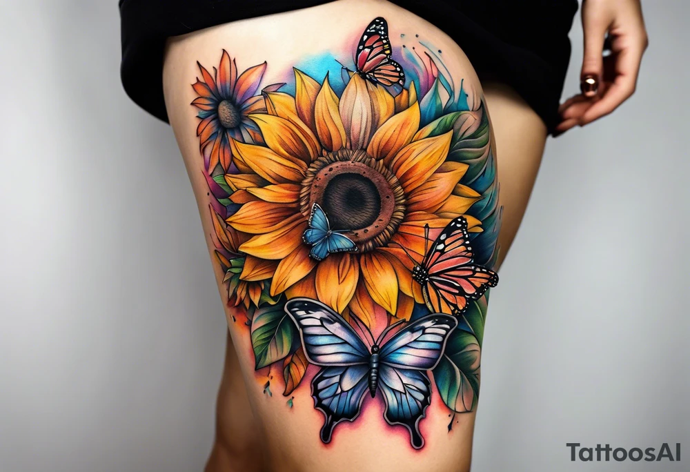 Quarter Leg sleeve with dreamcatcher, rainbow sunflowers and one butterfly tattoo idea