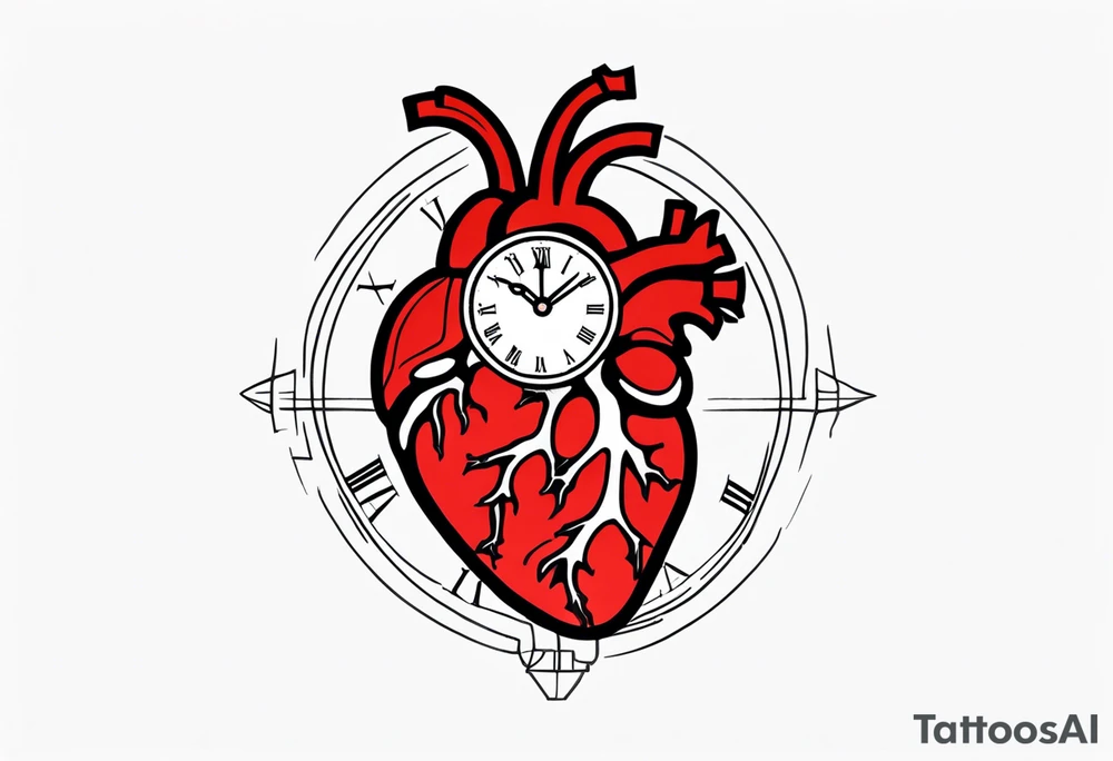 anatomical heart with clock in middle.
Clock hands on 8 and 5.
Never Say Never written on tattoo tattoo idea