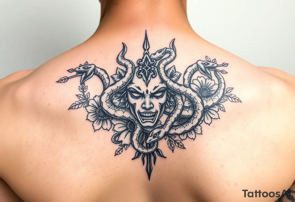 Medusa with snakes and flowers tattoo idea
