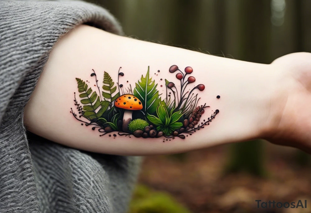 minimalistic forest floor inspired tattoo, which includes grass, moss, curly ferns and dead leaves as the bulk of the tattoo. details to include: forest berries, couple of very small brown mushrooms, a tiny bumblebee flying nearby tattoo idea