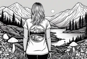 Straight long blonde hair hippie girl in distance holding mushrooms in hand facing away toward mountains and creek surrounded by mushrooms tee shirt and hiking pants

Entire tattoo within a circle tattoo idea