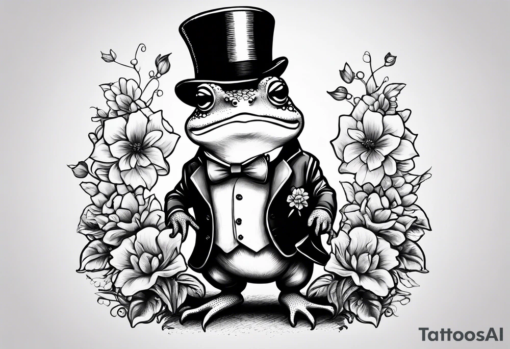 Cute toad wearing top hat and a suit standing on its Back legs while holding flowers tattoo idea