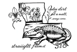 Louisiana state outline with fleur-de-lis, a bayou with a gator , the 318 area code and and quote that says  Out the dirt, out the water, straight from 318 tattoo idea