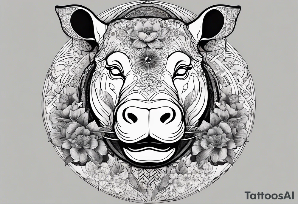 Very asymmetrical, +geometric pattern, with realistic full moon, with seeious looking hippo, +zen feel, + Buddhism touch, +tribal, +geometric, +chinese inkart 
with wintersweet flower bud, +portrait orientation, +inkart touch, tattoo idea