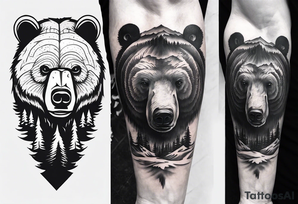 bear head right above the forest line with a lake below, full arm sleeve tattoo tattoo idea
