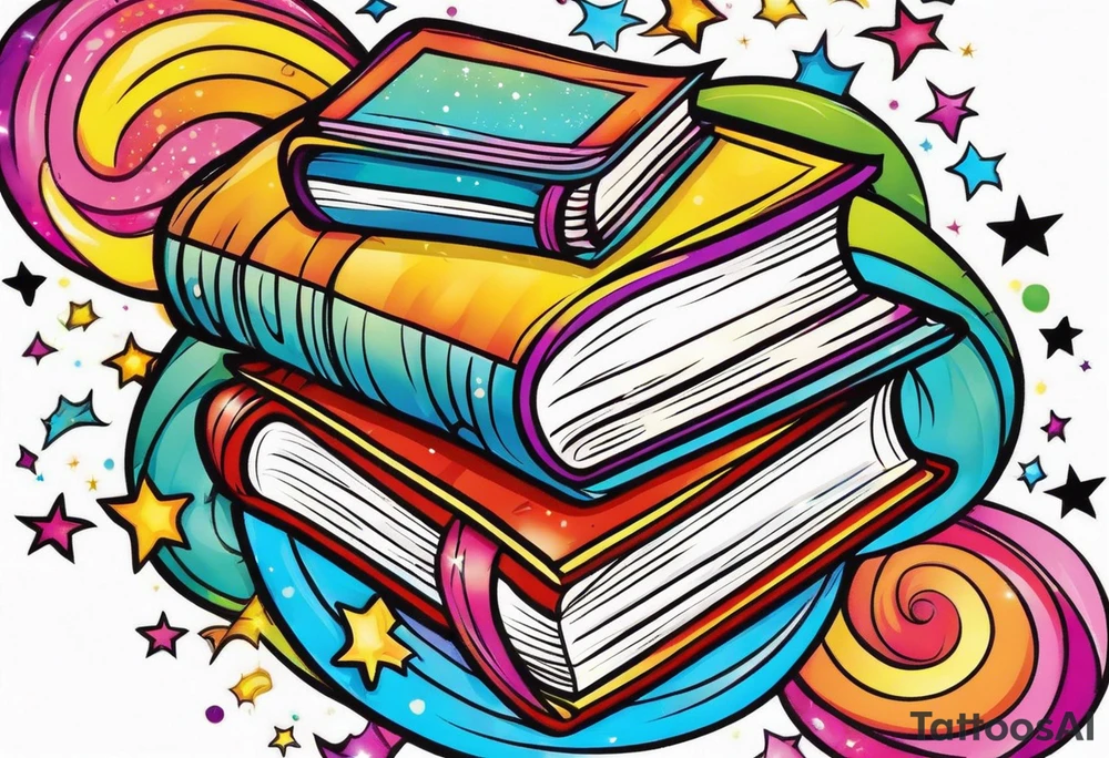 Books with sparkles and swirls tattoo idea